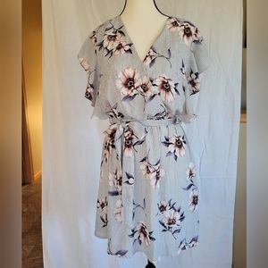 She & Sky floral pinstripe snap v neck belted skater dress S